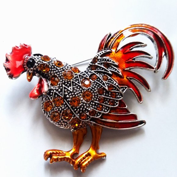 Rooster Brooch Chicken Pin Rhinestone Bird Orange Sparkle Glam Farm Jewels Farm - Picture 1 of 3